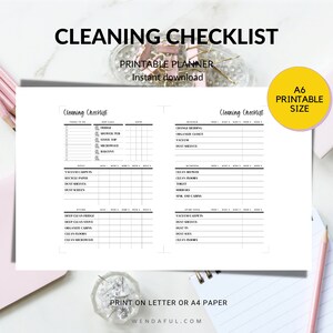 May include: A printable cleaning checklist planner in black and white with a grid layout. The checklist includes tasks for each room of the house, such as kitchen, bathroom, bedroom, and living room. The planner is designed to be printed on letter or A4 paper.