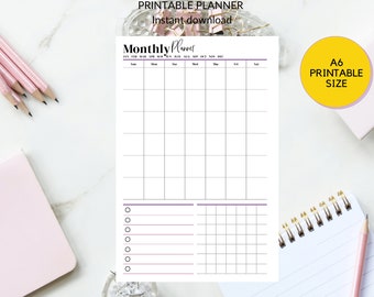 Printable A6 Size Undated Monthly Planner | Instant Download