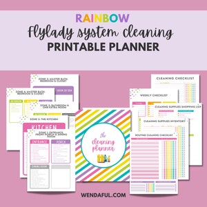 May include: A printable cleaning planner with a rainbow striped cover and the text "the cleaning planner". The planner includes checklists for cleaning supplies, weekly cleaning, and routine cleaning.