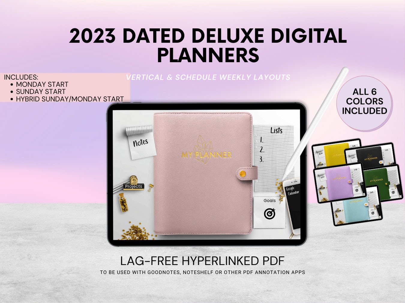 2023 Dated Vertical Deluxe Digital Planner | GoodNotes, Noteshelf App | 6  Colors Included!