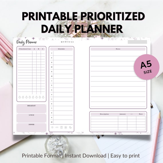 Printable A5 Size Prioritized Daily Planner | Instant Download
