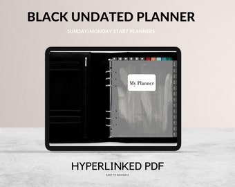 Undated Black Digital Planner (Sunday/Monday Start) | GoodNotes App, Noteshelf