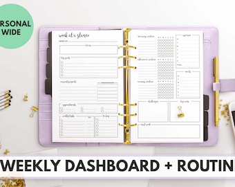 May include: A weekly planner with a purple cover and gold rings. The planner has a section for "week at a glance", "top goals", "recent projects", "appointments", "weekly tasks", and "to buy". The right side of the planner has sections for "morning routine", "afternoon routine", "evening routine", "challenges", "big wins", and "next week".