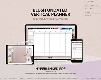 Undated Blush Vertical Weekly Digital Planner (Sunday/Monday Start) | GoodNotes App, Noteshelf