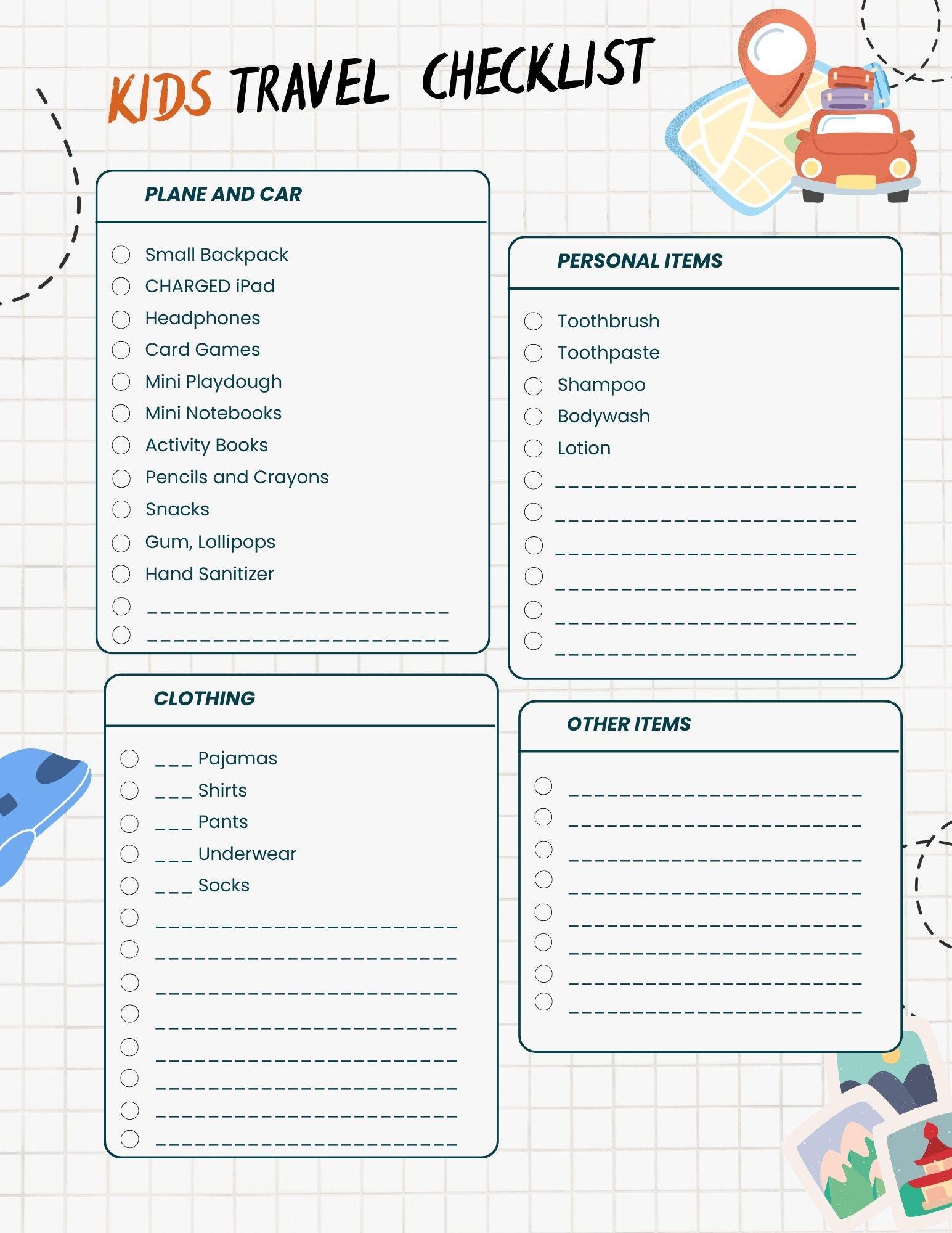 Kids Travel Checklist - Etsy