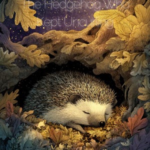 Può includere: Un'illustrazione digitale di un riccio che dorme in un letto di foglie autunnali sotto un albero, con il testo "The Hedgehog Who Kept Uncurling" e "Written and performed by J. Brinker" in bianco su uno sfondo di cielo notturno stellato.