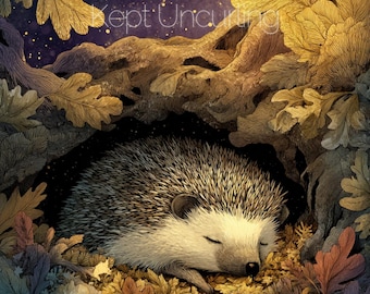 May include: A digital illustration of a hedgehog sleeping in a bed of autumn leaves under a tree, with the text "The Hedgehog Who Kept Uncurling" and "Written and performed by J. Brinker" in white font against a dark, starry night sky background.