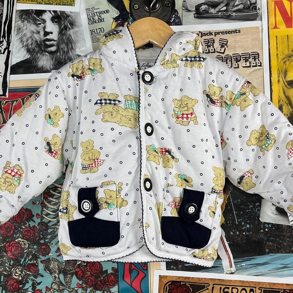 Vintage Toddler Kids 90s Teddy Bear Print Hooded Jacket Size 2T, 90s Toddler Boy Girl Coat Two Pocket, Vintage Kid Fall Size 2