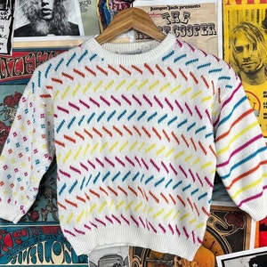 Vintage Girls Kids 90s White Colorful Geometric Stripe Print Knit Pullover Crewneck Sweater Size 18 Ages 12-13 Retro Saved by the Bell Top