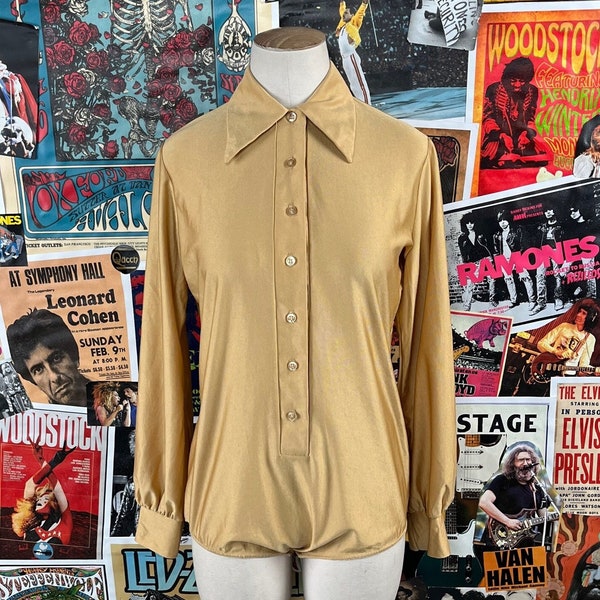 Vintage Women's 70s Gold Long Sleeve Blouse Bodysuit by Sears Size Small, Groovy Disco Women's Clothing Blouse One Piece Top Size 4-6