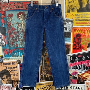 Vintage Kids 90s Blue Dark Wash Wrangler Cowboy Cut Size 7 Zip Fly Denim Jeans Boys Girls Western Rodeo Rockabilly Pants