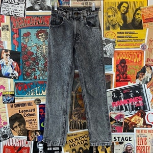 Vintage Kids 90s Black Acid Wash USA Levis Black Tab Straight Leg Denim Jeans Size 10 Slim Boys Girls Grunge Streetwear Pants All Cotton