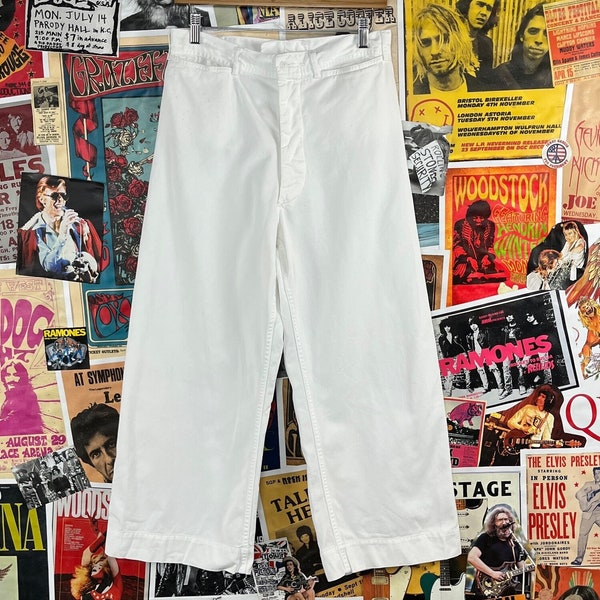 Vintage White USN U.S. Navy Button Fly High Rise Sailor Trousers 30x24, Vintage USN Uniform, White Cotton Sailor Pants 30" Waist