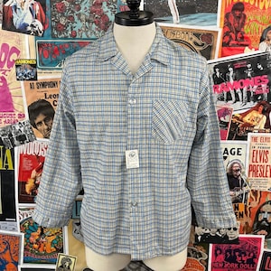 Vintage Men&#39;s 70s Sears Blue Yellow Plaid Long Sleeve Button Up Deadstock Pajama Night Shirt Medium Retro Loungewear PJS Rockabilly
