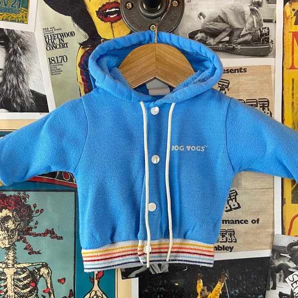 Vintage 1980s Newborn Baby Blue Rainbow Striped 'Jog Togs' Hoodie Hooded Sweatshirt | 80s Baby Vintage | 80s Baby Rainbow | 80s Kids Vintage