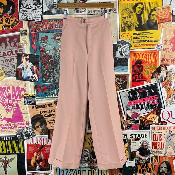 Vintage Women's 70s Pink Pantasia's Mid Rise Cuffed Flares Trousers Pants 24x27, 70s Womens Trousers 24" Tailored Menswear Style