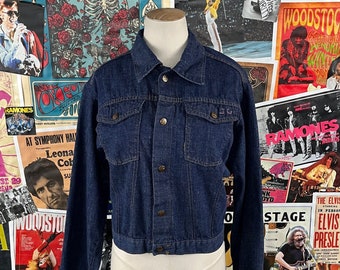 Vintage Girls Kids 70s Dark Wash Two Pocket Embroidered Sears Indigo Denim Jacket Size 20 Age 13-14, Petite Women's Retro Jean Jacket