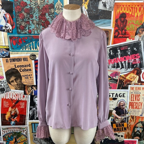 Vintage des années 70-80 lilas violet Gloria Sachs pour femme, col droit en dentelle à volants, manches cloche, chemisier en soie petit, haut à col Jabot en soie rétro