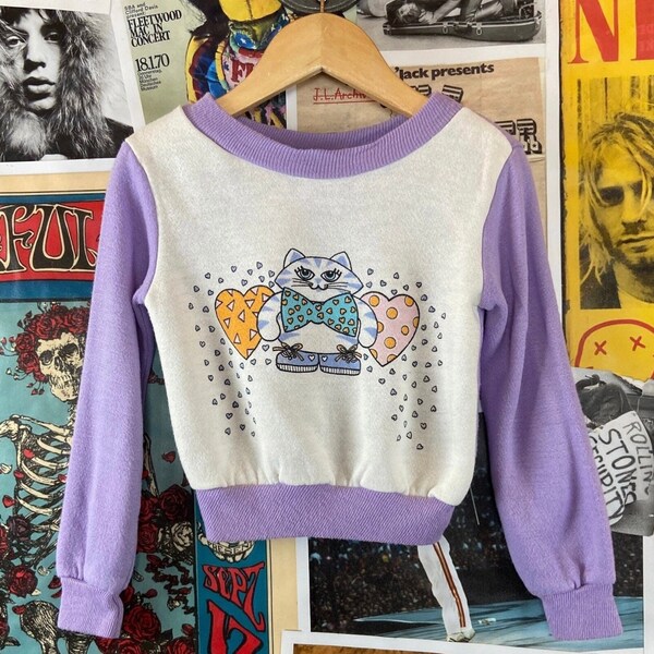 Vintage Toddler Girls Kids 80s Purple & White White Kitty Cat Hearts Pullover Crewneck Sweatshirt 4T, 80s Girls Clothing, Kids Cat Top