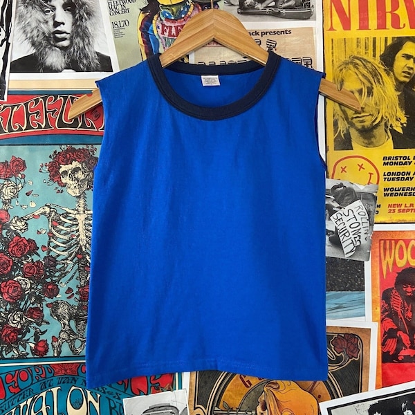 Vintage Kids Boys 80s Plain Blue Two Tone Sleeveless Ringer Cotton Tank Top Size 10 Age 8-9, 80s Kids Summer Shirt, Boys Ringer Tee