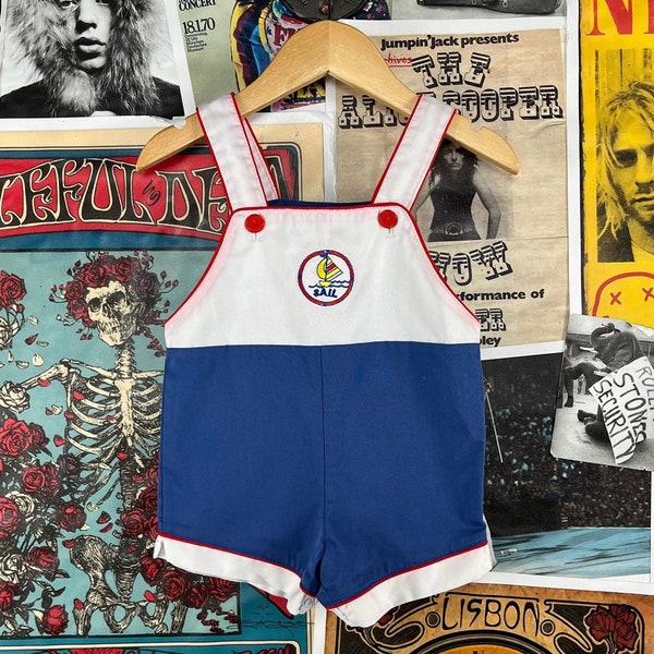 Vintage Baby Kids 80s-90s White & Navy Blue Striped Nautiical Sleeveless Shortall Overalls 12-18 Months, 90s Baby Boy Sailing Preppy Shorts