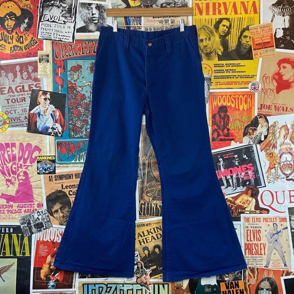 Vintage 1970s Cobalt Blue Mid Rise Maverick Bell Bottom Flares 32x29, 70s Women's Hippie Flares, 32" Waist Groovy Pants