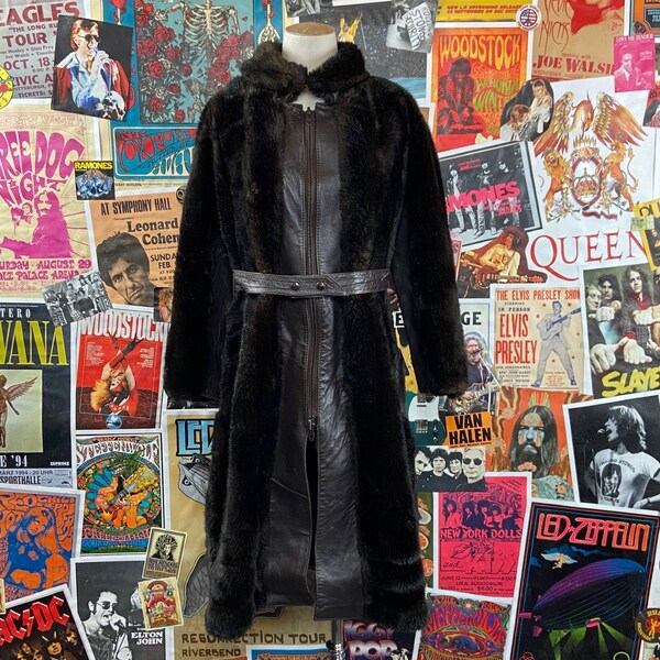 60’s Brown Lather Coat Fur Fur Trimmed Belted Short Coat Overcoat