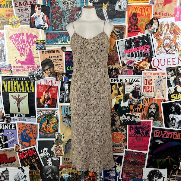 Vintage Women's Y2Ks Cheetah Animal Print Strappy Bias Cut Silk Sleeveless Midi Dress Size 4, 2000s Cocktail Party Slip Dress XS-Small