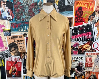 Vintage Women's 70s Gold Long Sleeve Blouse Bodysuit by Sears Size Small, Groovy Women's Clothing, 70s Womens Blouse Top Size 4-6