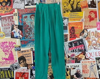 Vintage Women's 90s Teal Green High Rise Liz Claiborne Silk Pleated Trousers Pants 23x28, 90s Silk Businesswoman Menswear Pants