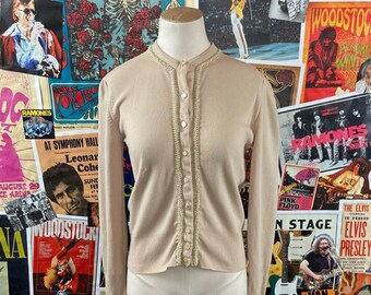 Vintage Women's 50s Khaki Beige Taupe Textured Yarn Knit Cardigan Sweater Top XS, Retro Ladies Spring Knit Cardi Pearl Button Size 0/2