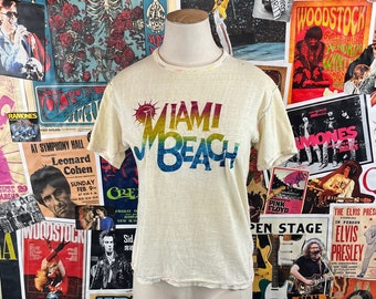 Vintage Women's 70s Thin & Stained Miami Beach Florida Glitter Iron On Graphic Souvenir T-Shirt Size XS, Grunge Tee Threadbare