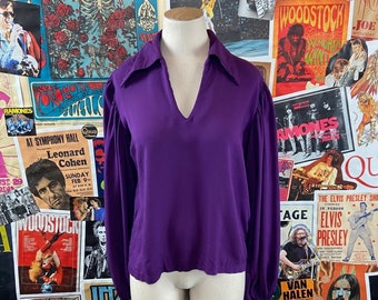 Vintage Women's 60s Solid Purple Balloon Sleeve Pullover Collared V-neck Blouse Top XS, Retro Mod Groovy Womens Disco Shirt Size 2