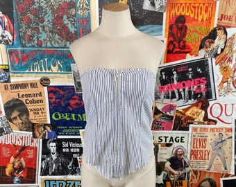 Vintage Women's 90s Blue & White Seersucker Strapless Zip Up Bandeau Crop Top Size XXS, 90s Spring Summer Nautical Festival Coachella