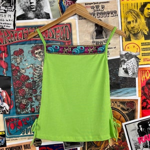 Vintage Girls 90s Neon Green Flower Ribbon Trim Square Neck Strappy Tank Top Size 12 Age 9-10, 90s Kids Girls Clothing Summer