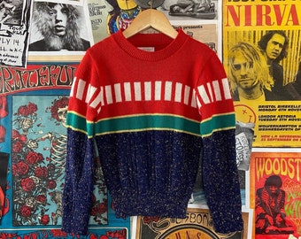 Vintage Pull en tricot Health-tex pour tout-petits des années 70-80, bloc de couleurs primaires, taille 5/6, haut à col rond pour garçons et filles des années 80, chemise automne enfant rétro