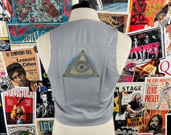 Vintage Men's 70s Gray Airbrushed Eye of Providence Folk Art Lee Waistcoat Vest Size XS-S, 70s Menswear Painted Hippie Vest Steampunk