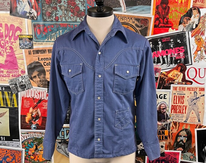 Chemise Vintage Sears Denim Bleue - Perles Snap Western - Années 60/70 - Taille L Homme