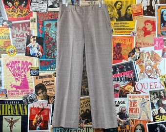 Vintage Men's 70s-80s Khaki Gray Plaid Polyester Trousers Pants 33x30, 70s Preppy Mod Menswear Business Casual Slacks 33" Waist