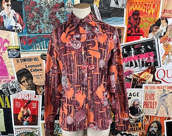 Vintage Women's 60s-70s Gino Rossi Chinoiserie Baroque Clocks Novelty Print Long Sleeve Blouse XS Mod Funky Groovy Disco Shirt Top Retro