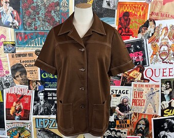 Vintage Women's 60s Plain Brown Modes Royale Two Pocket Short Sleeve Blouse Top Size S/M, Retro Mod Casual Housewife Shacket