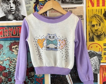 Vintage Toddler Girls Kids 80s Purple & White White Kitty Cat Hearts Pullover Crewneck Sweatshirt 4T, 80s Girls Clothing, Kids Cat Top