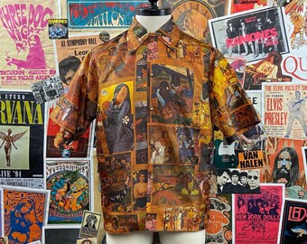 Vintage Men's 70s Paul Gauguin Art All Over Print Ross Sutherland Short Sleeve Hawaiian Button Up Shirt Large, Vintage Gauguin, Retro Tiki