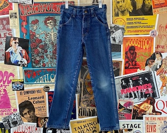 Vintage Kids 90s Faded Rustler Straight Leg Medium Wash Blue Denim Jeans Size 7 Slim Age 6-7 Retro Boys Girls Western Pants Rodeo Cowboy