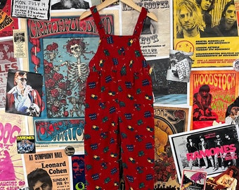 Vintage Toddler Kids 70s-80s Red Corduroy Transportation Tractor Helicopter Print Toddletime Overalls 2T-3T, 80s Toddler Boy Girl Dungarees