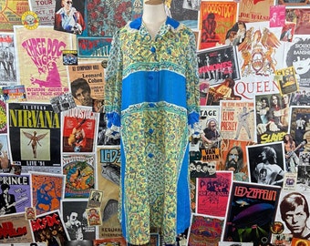 Vintage Women's Retro 60s-70s Floral Paisley Patchwork Print Lace Trim Collared Loungewear Dressing Gown Robe, 60s Pajama Dress Size 8/10