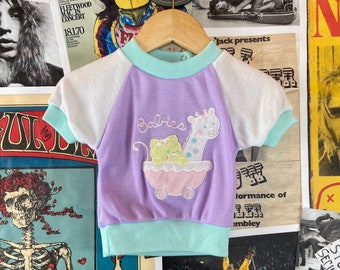 Vintage Baby Girls Kids 80s Pastel Purple Kitten & Giraffe Babies Color Block Short Sleeve Raglan Pullover Top 3-6 Months, 80s Baby Shirt