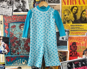 Vintage Baby Girl Kids 70s Blue Kitty Cat Swiss Dot Print Lace Mock Neck Carter's Jumpsuit Size 12-18 Months, Retro Baby Girl Knit Outfit