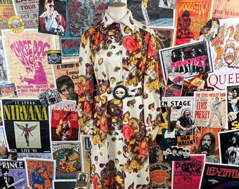 Vintage Women's 60s-70s Mushroom Floral Novelty Print Long Sleeve Belted Shirtdress Size 4, 70s Shirt Dress, Mushroom Genus Species