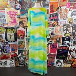 Vintage Women's 60s Green & Blue Watercolor Malia Honolulu Bell Sleeve Maxi Tiki Hawaiian Dress Size Petite 2/4, 60s Hostess Summer Fashion image 1